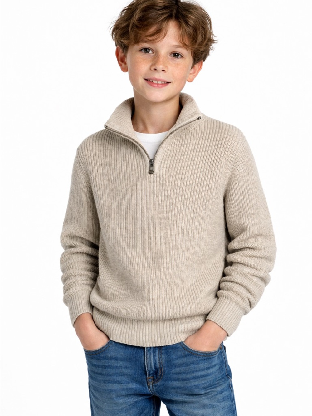 H&M Cream Zip Up Sweater with Ribbed Knit